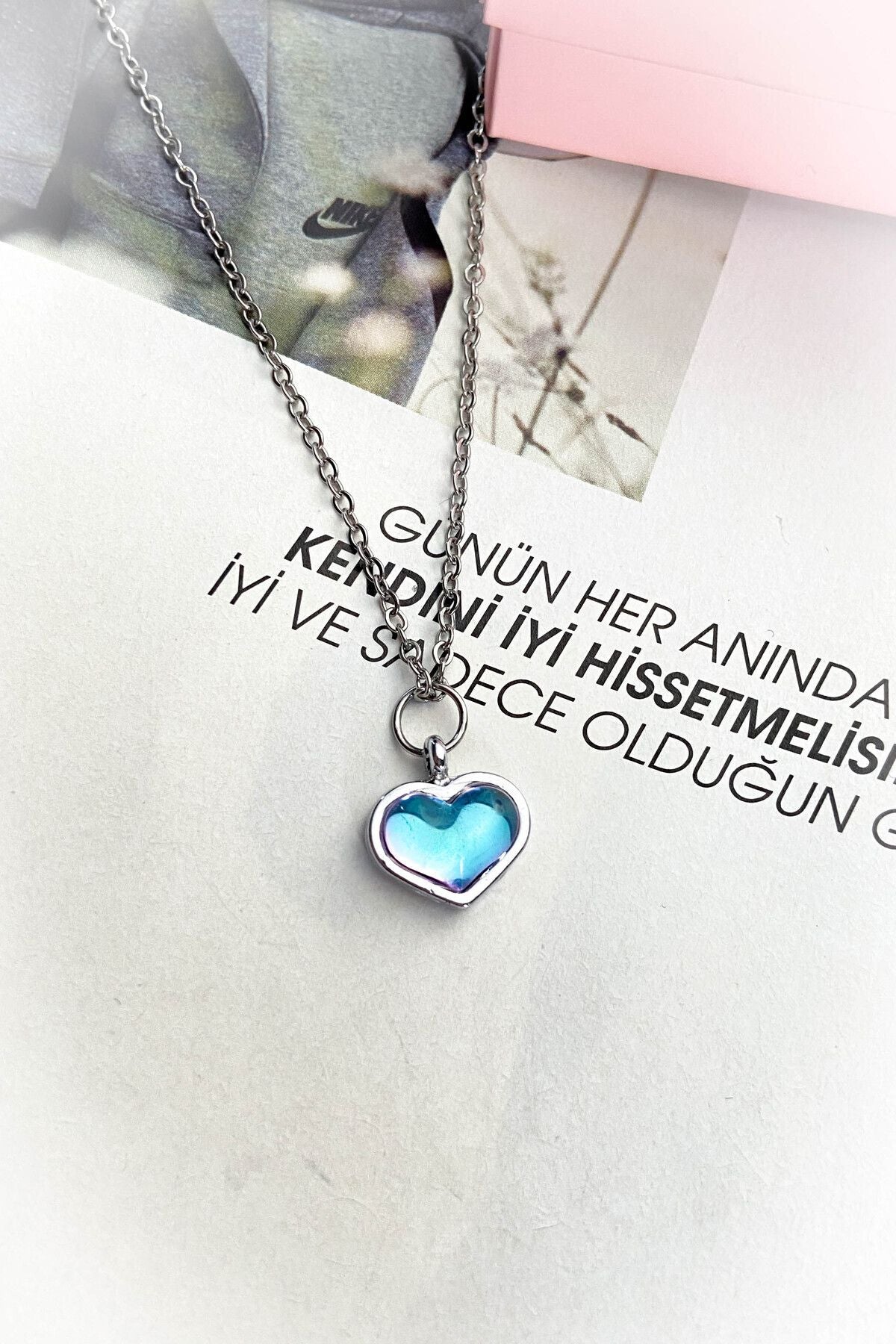 Çelik Gümüş Renk İnce Zincir Mavi Kalp Çelik Kolye