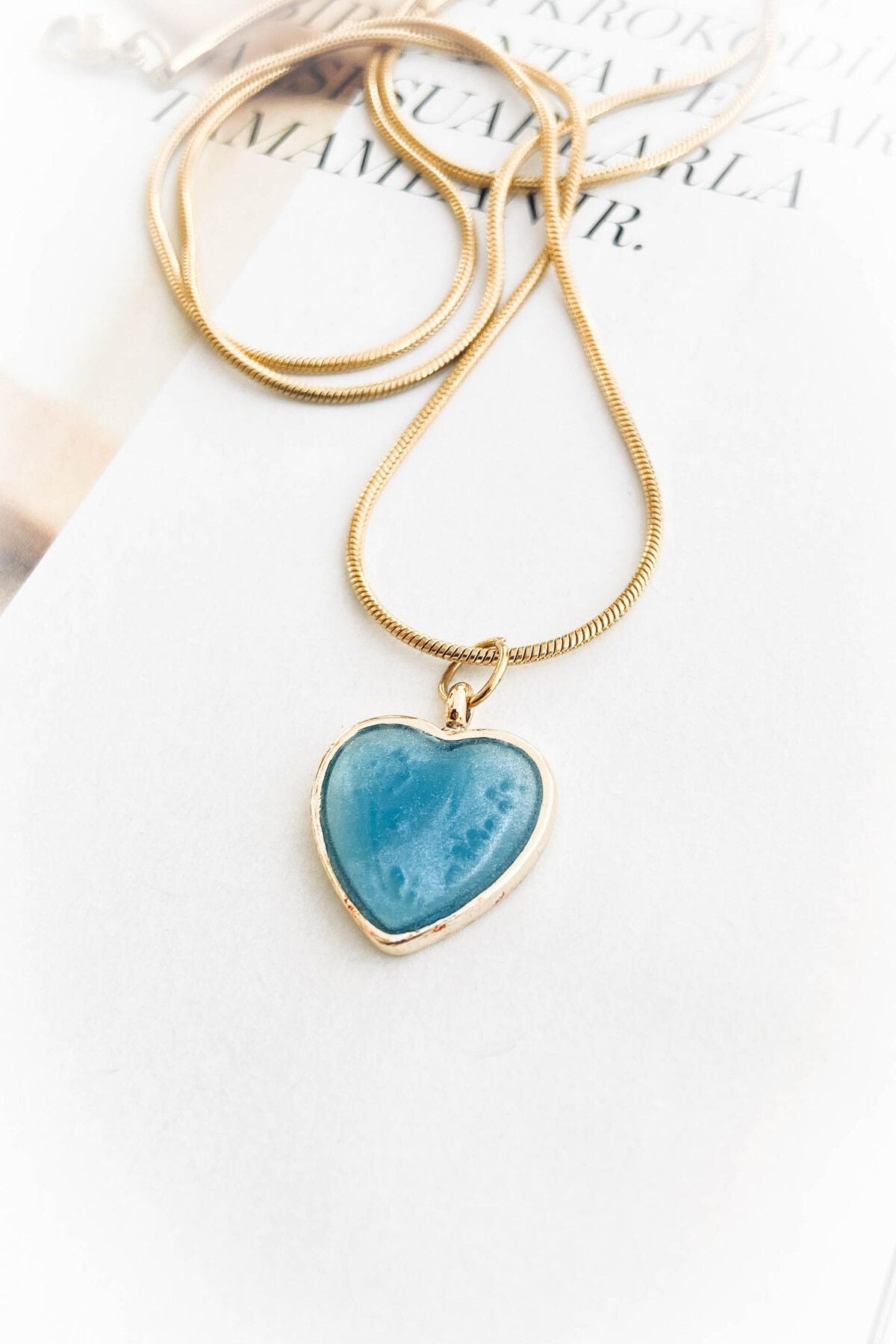 Çelik Altın Renk İnce Zincir Mavi Kalpli Çelik Kolye 45 CM