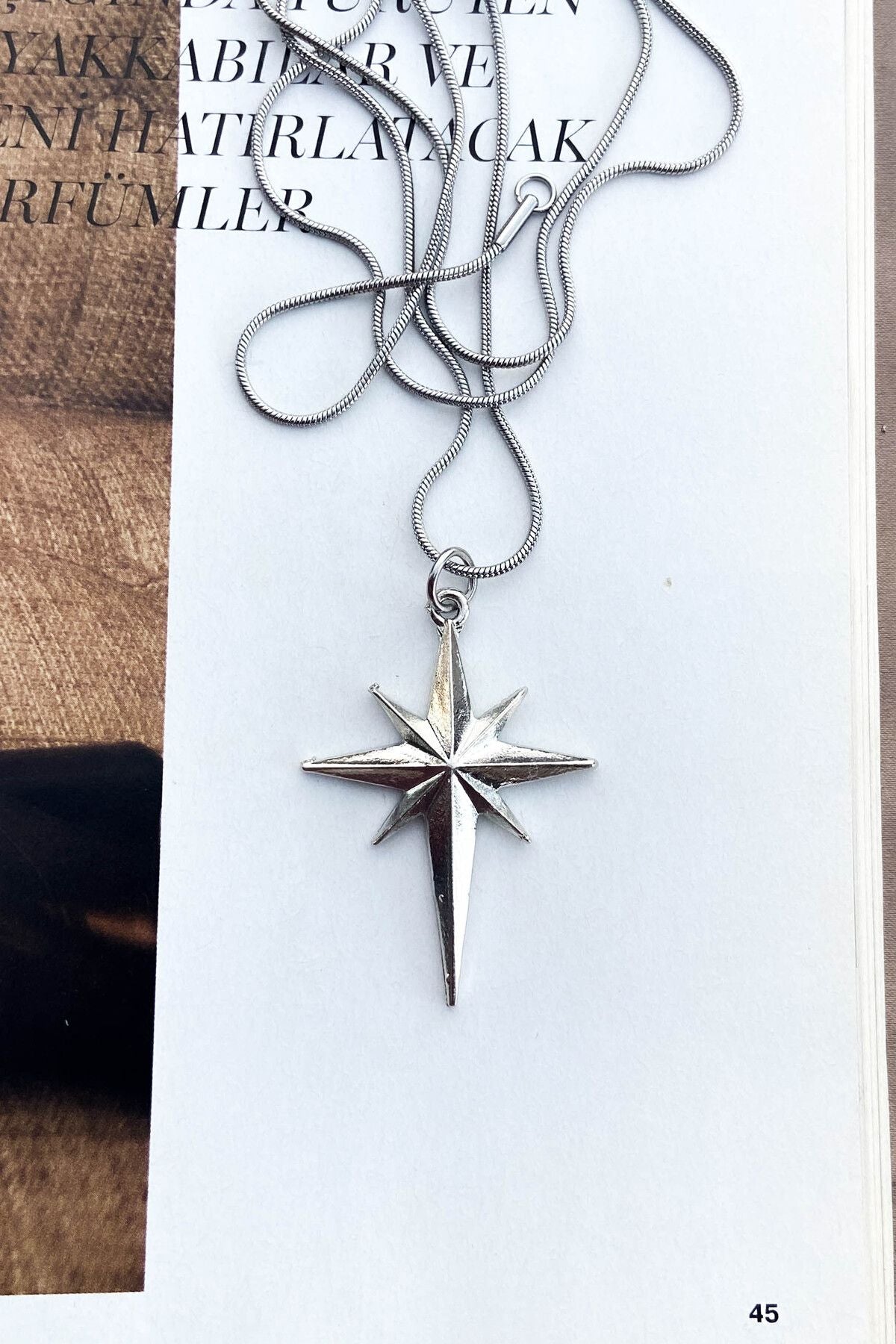 Çelik Kararmaz İnce Zincir Kutup Yıldızı Uçlu Gümüş Renk Çelik Kolye