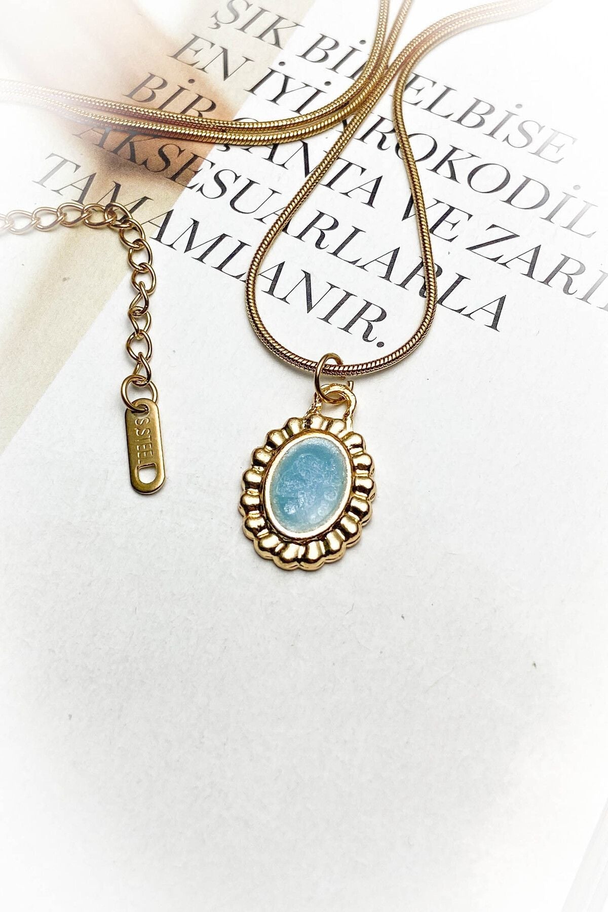 Yuvarlak Mavi Vintage Çelik Kolye