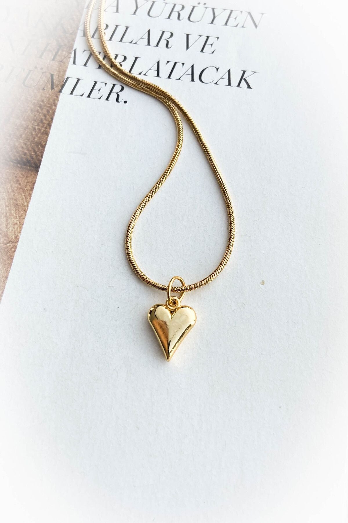 Çelik Altın Renk İnce Zincir Kalpli Çelik Kolye 45 CM
