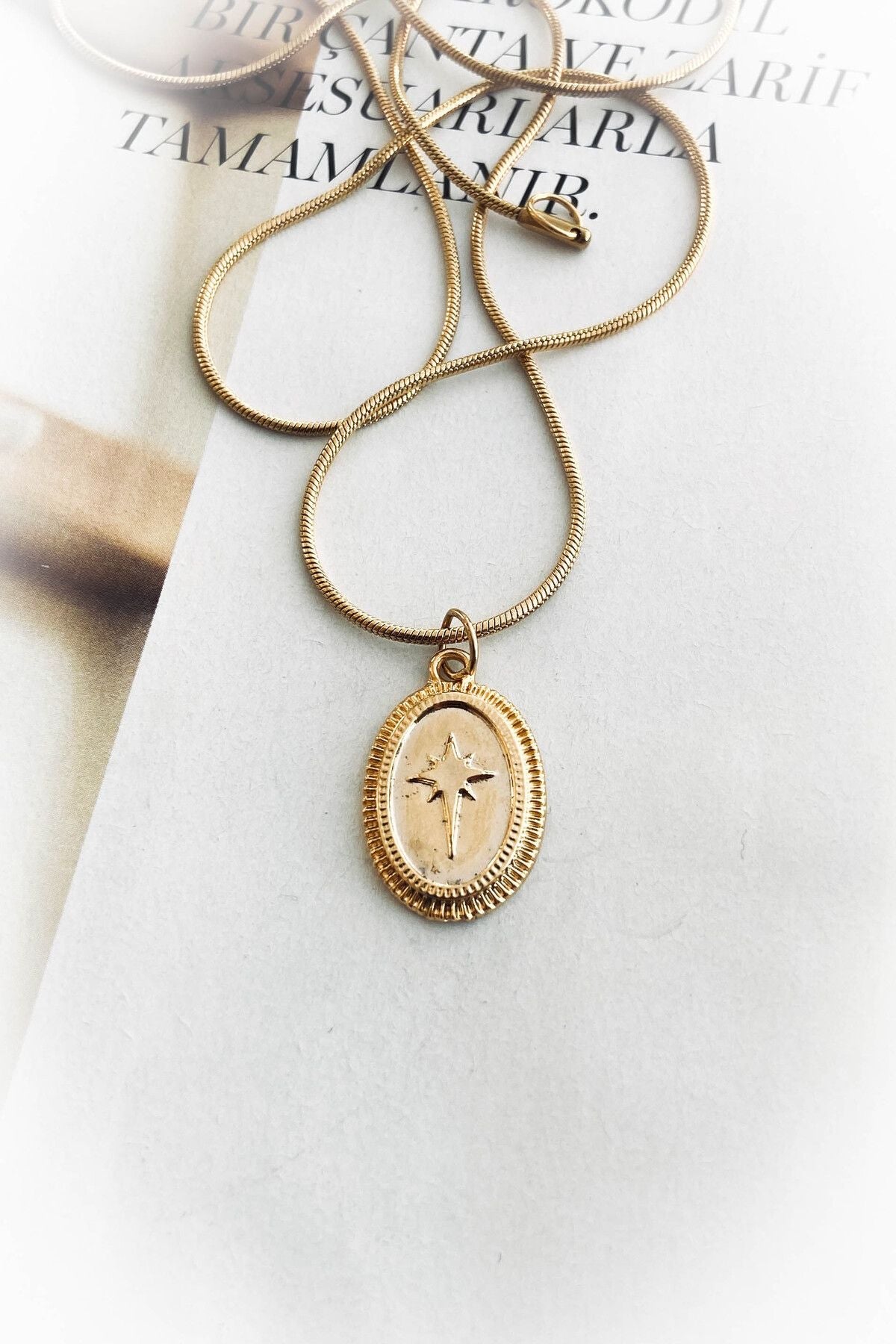 Çelik Altın Renk İnce Zincir Kutup Yıldızı İşlemeli Madalyon Çelik Kolye 45 CM