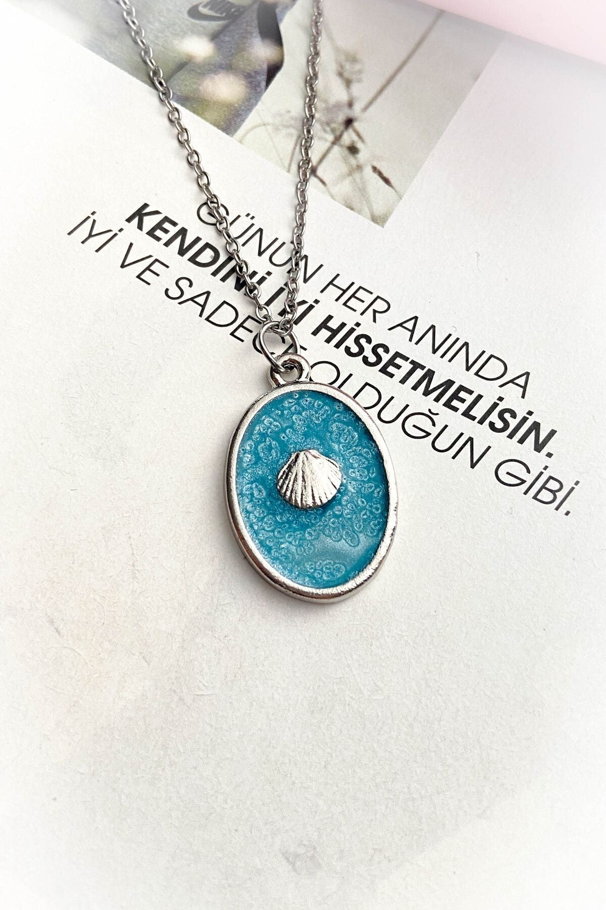 Çelik Gümüş Renk Mavi Mineli İnce Zincir Madalyon Çelik Kolye