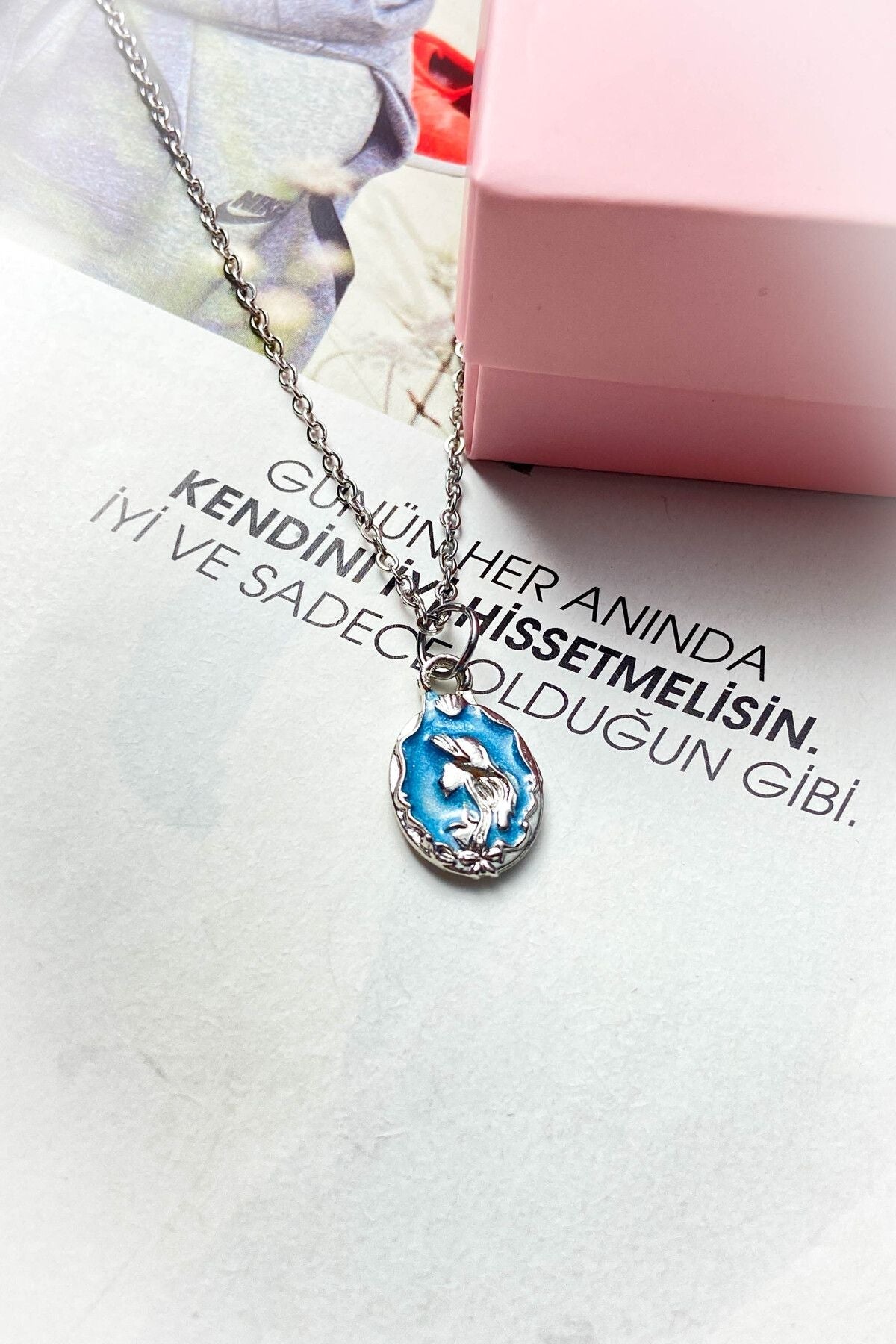 Çelik Gümüş Renk Mavi Mineli İnce Zincir Deniz Kızı Çelik Kolye