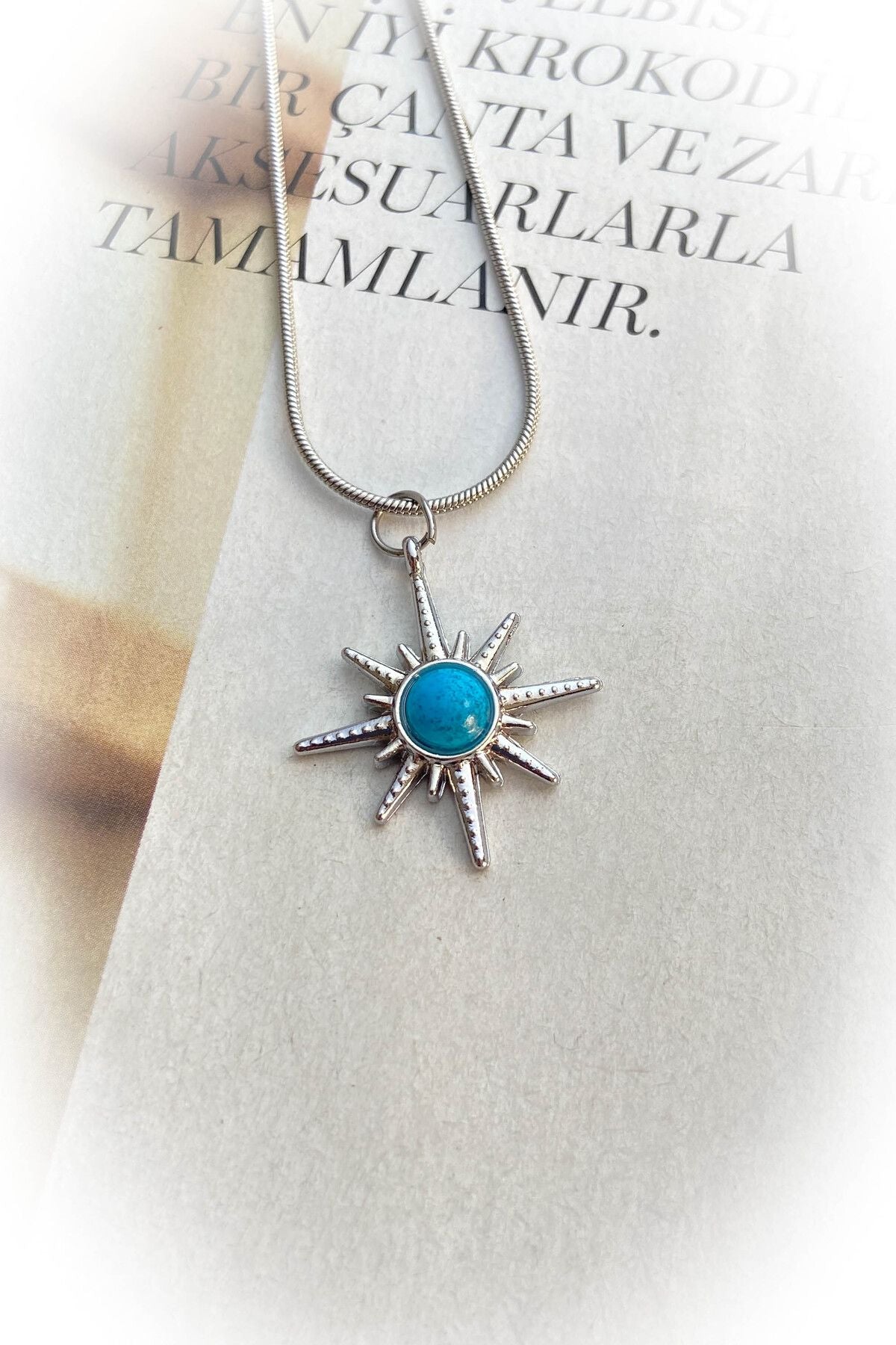 Çelik Gümüş Renk Mavi Mineli Kolye 3Farklı Model Seçeneği