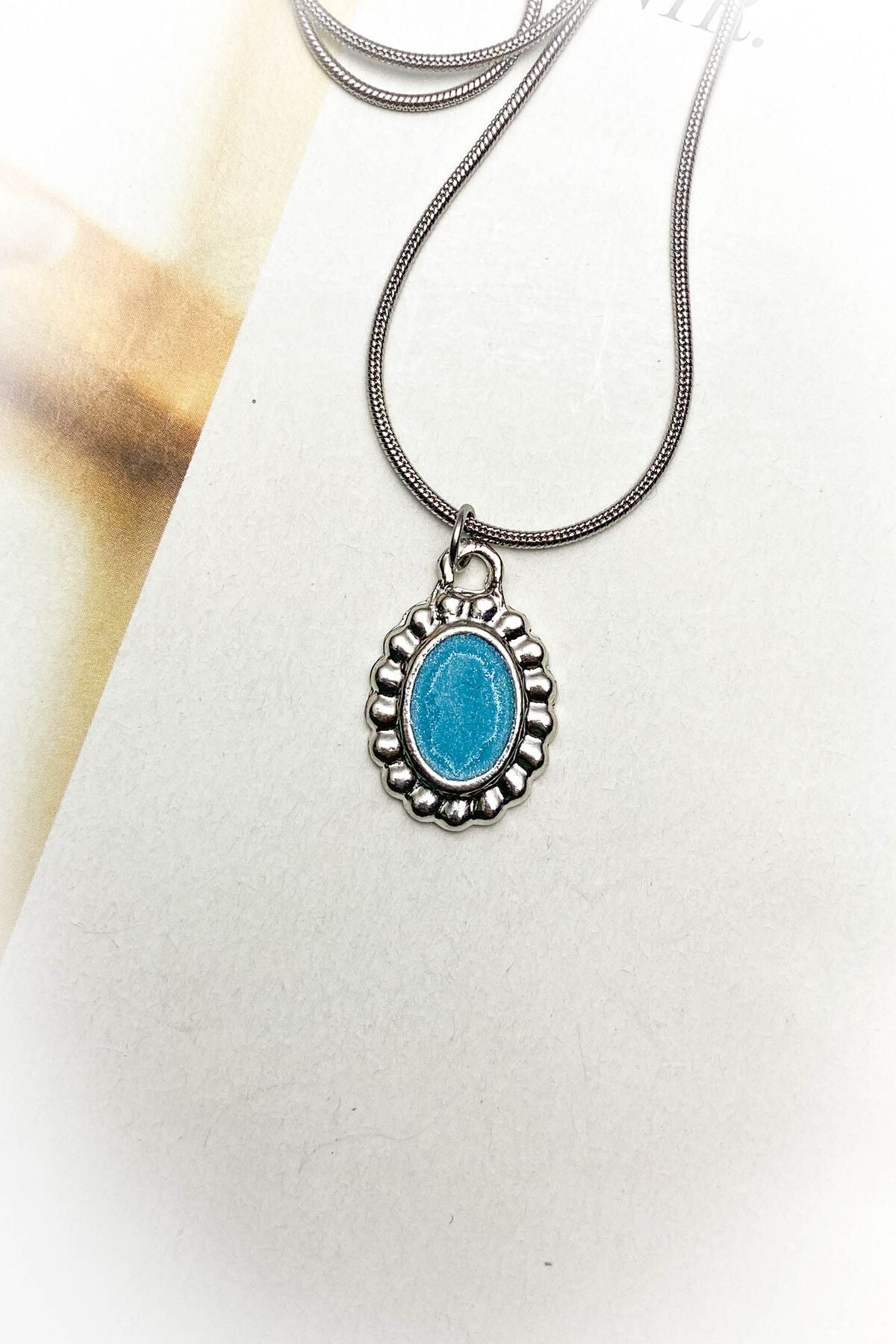 Yuvarlak Mavi Vintage Çelik Kolye