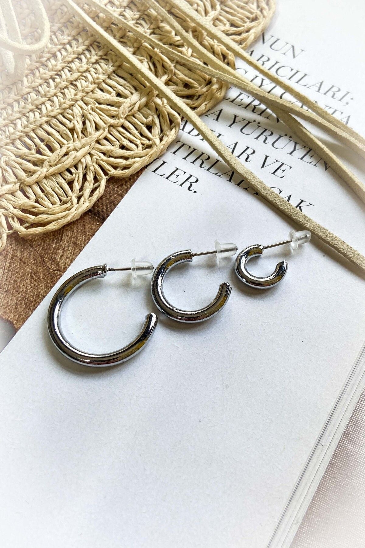 3lü Set Halka Model Gümüş Renk Küpe