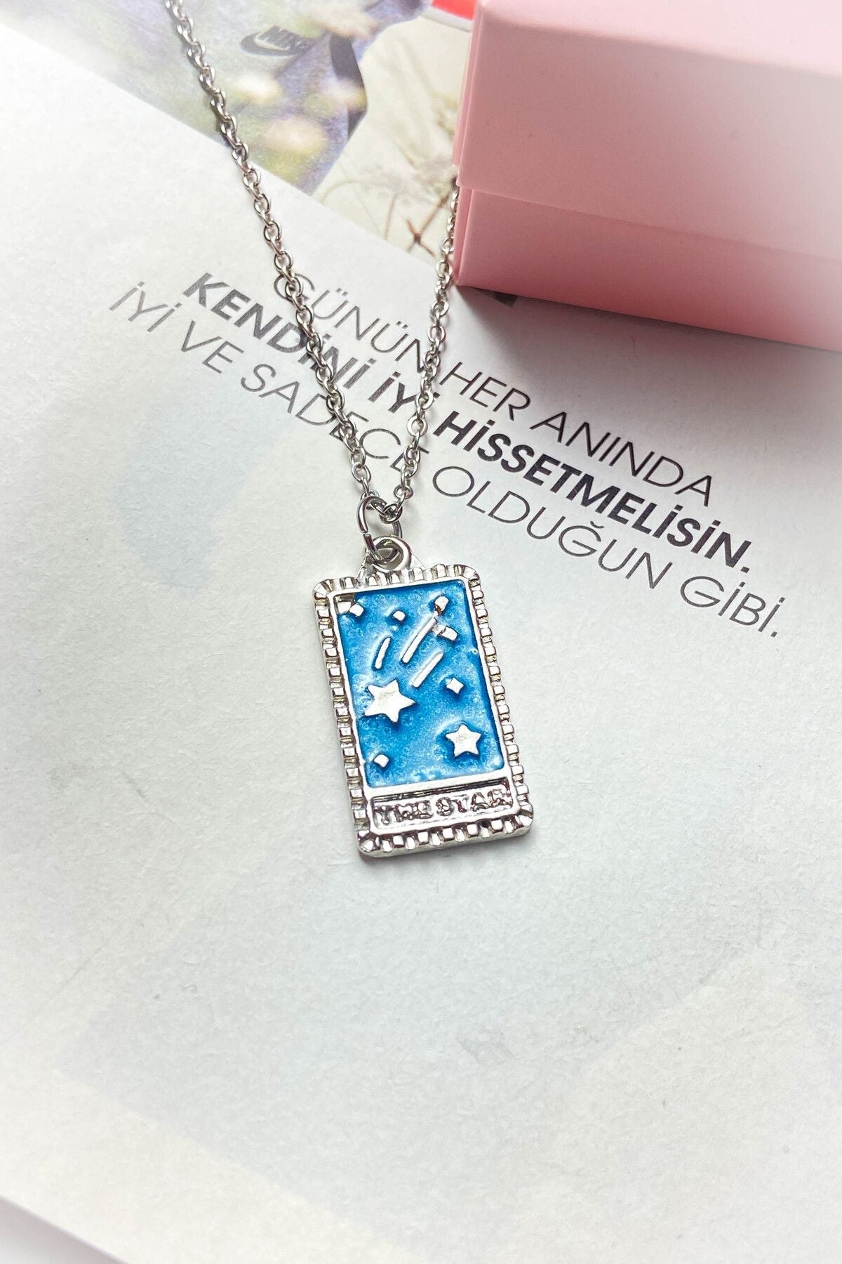 Çelik Gümüş Renk Mavi Mineli İnce Zincir The Star Çelik Kolye