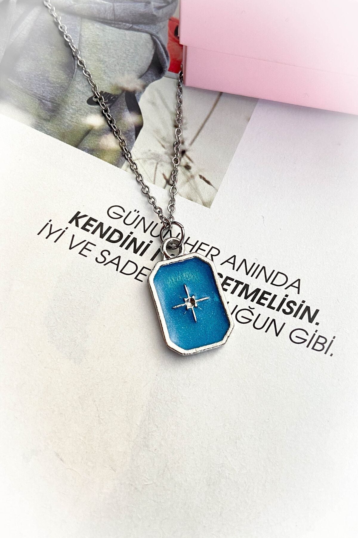 Çelik Gümüş Renk Mavi Mineli İnce Zincir Çelik Kolye